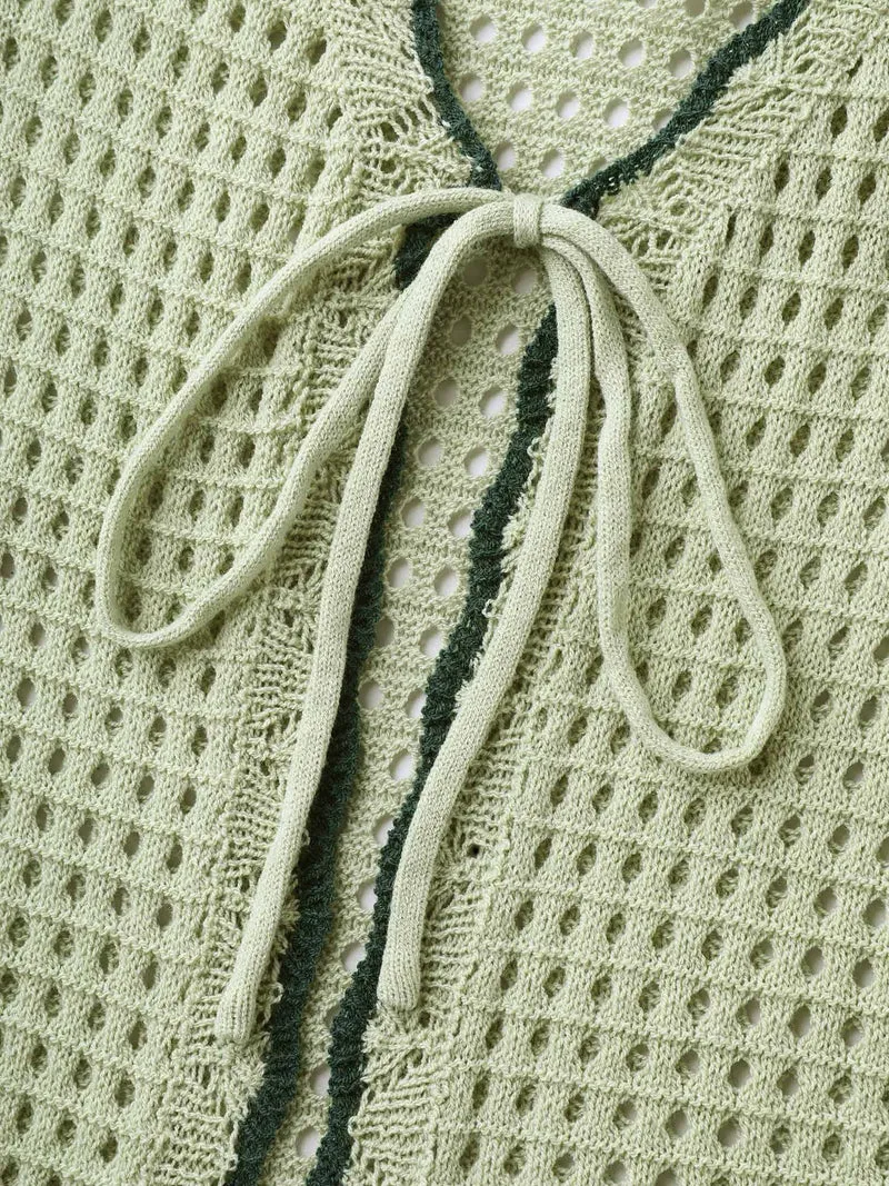 Contrast Hem Front Mid Tie Knit Cardigan