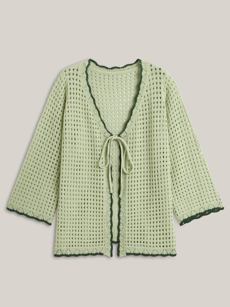 Contrast Hem Front Mid Tie Knit Cardigan