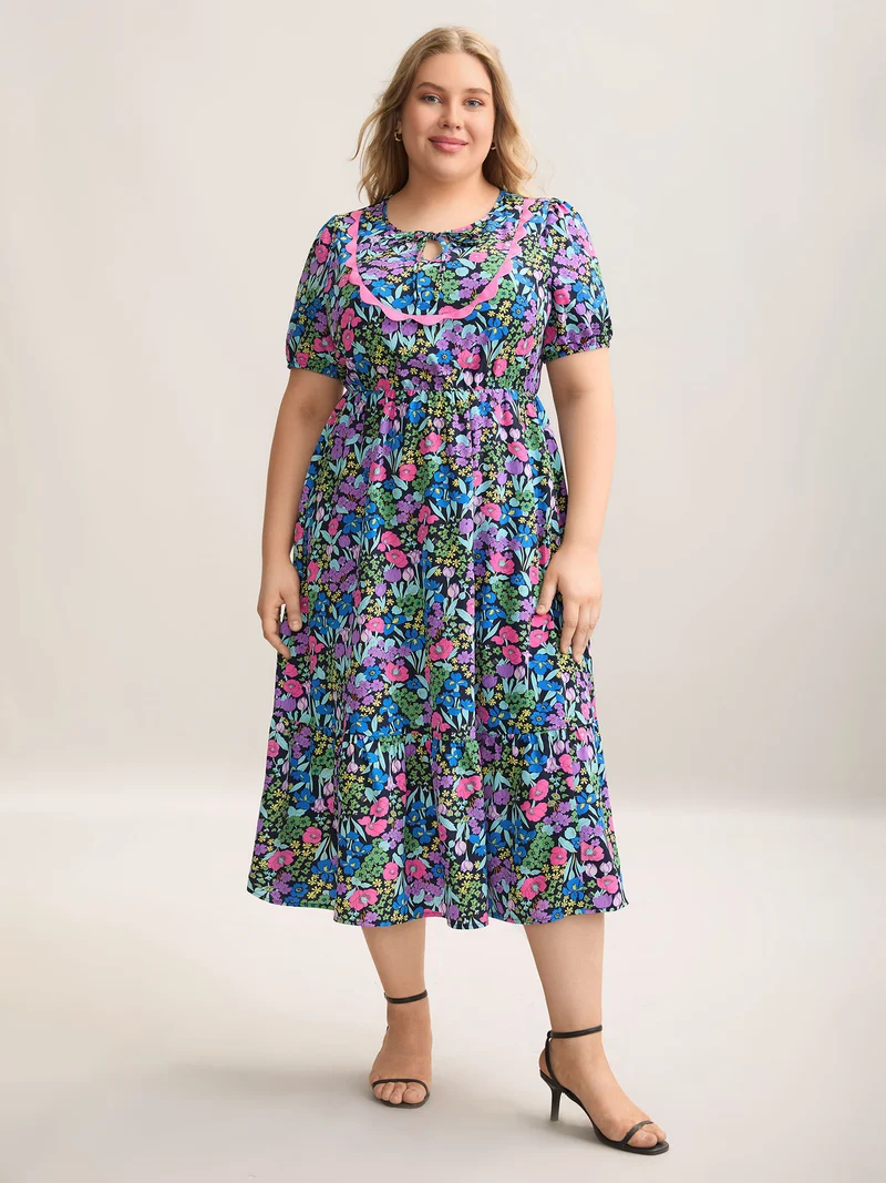 Floral Contrast Webbing Neck Tie Midi Dress