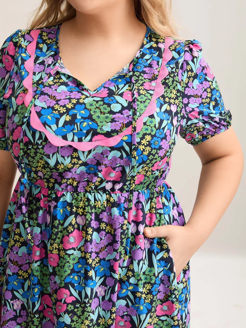 Floral Contrast Webbing Neck Tie Midi Dress