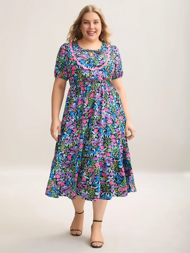 Floral Contrast Webbing Neck Tie Midi Dress