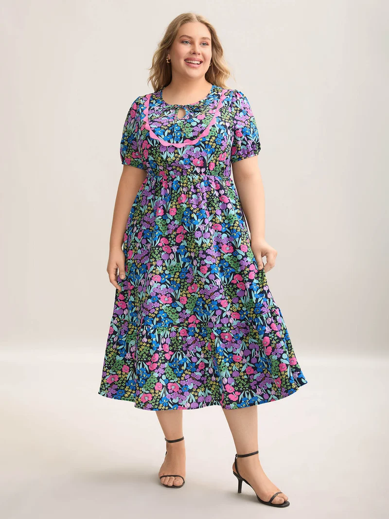 Floral Contrast Webbing Neck Tie Midi Dress