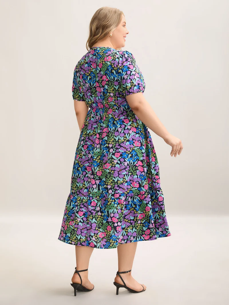 Floral Contrast Webbing Neck Tie Midi Dress