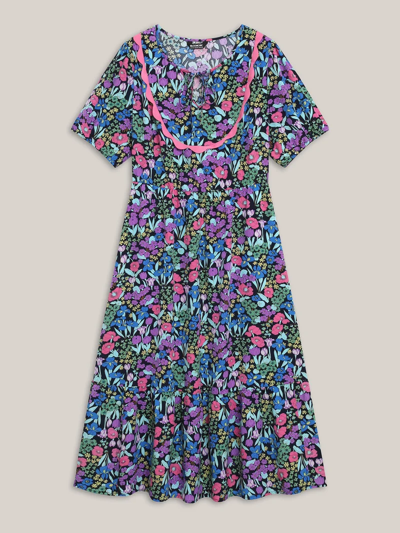 Floral Contrast Webbing Neck Tie Midi Dress