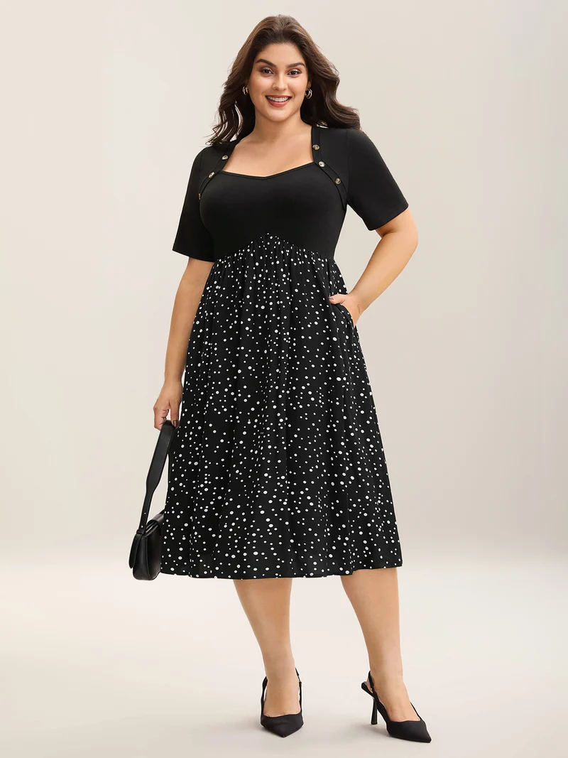 Color Contrast Shoulder Button Sleeve Midi Dress