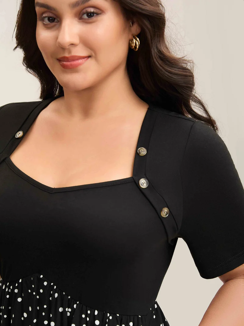 Color Contrast Shoulder Button Sleeve Midi Dress
