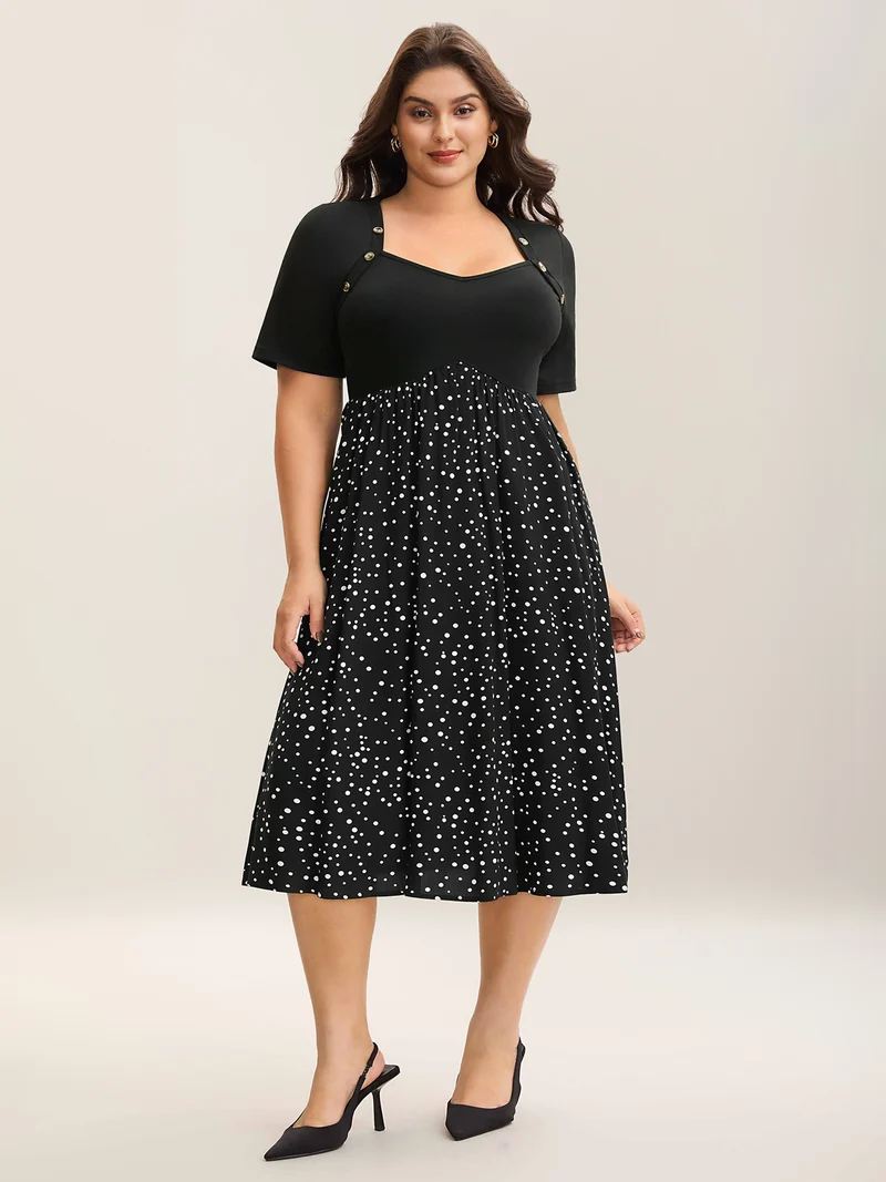 Color Contrast Shoulder Button Sleeve Midi Dress
