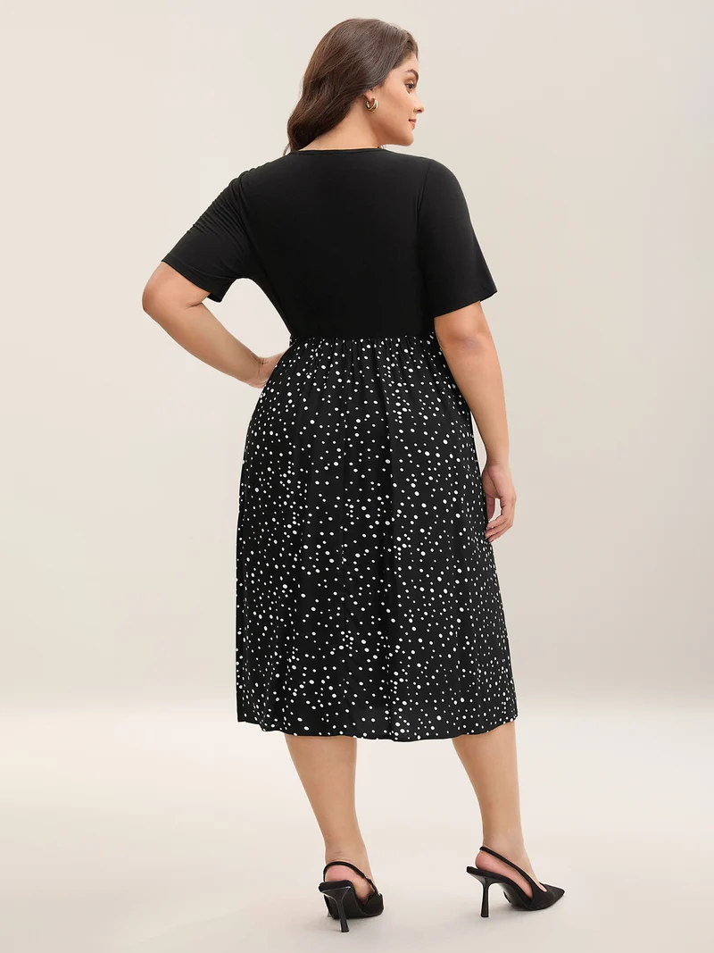 Color Contrast Shoulder Button Sleeve Midi Dress