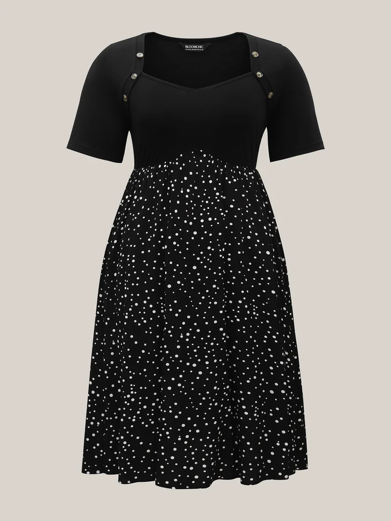 Color Contrast Shoulder Button Sleeve Midi Dress