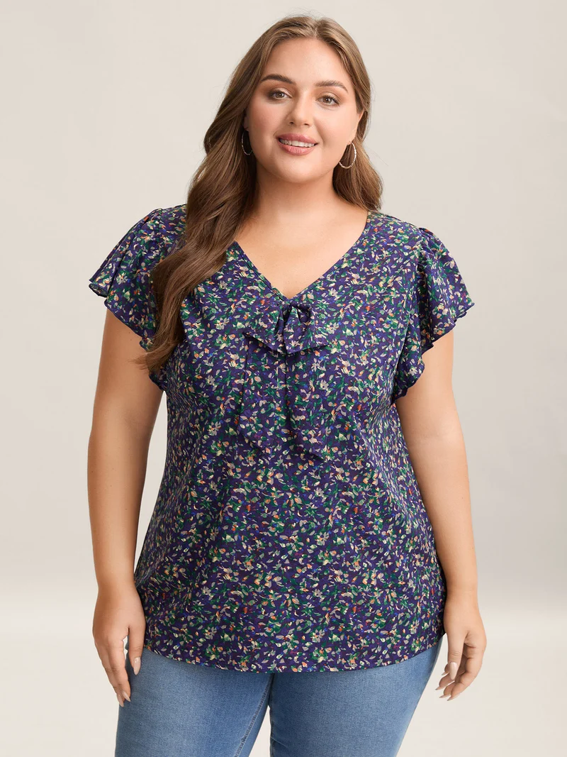 Ditsy Floral Print Asymmetrical Ruffled Sleeve Blouse