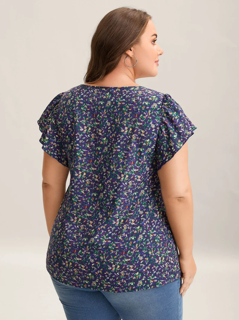 Ditsy Floral Print Asymmetrical Ruffled Sleeve Blouse