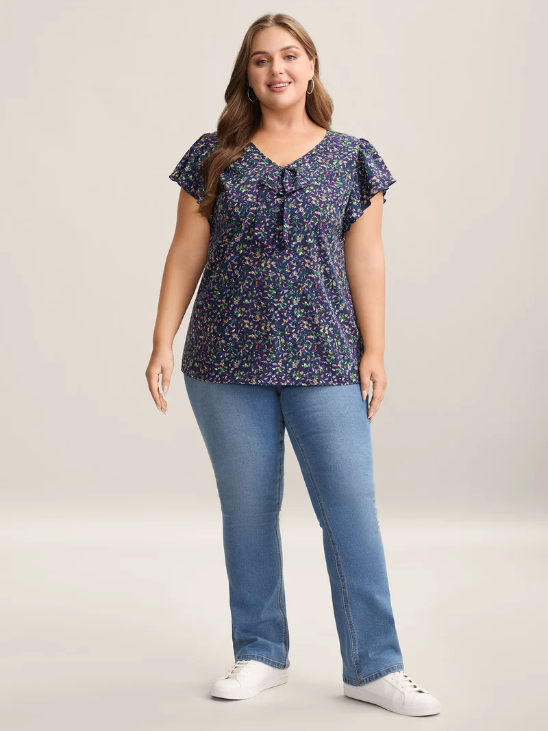 Ditsy Floral Print Asymmetrical Ruffled Sleeve Blouse