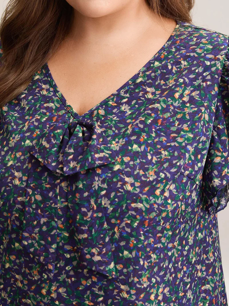 Ditsy Floral Print Asymmetrical Ruffled Sleeve Blouse