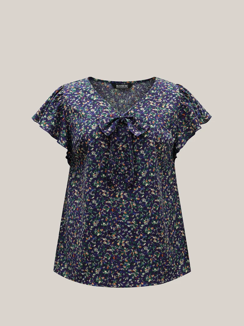 Ditsy Floral Print Asymmetrical Ruffled Sleeve Blouse