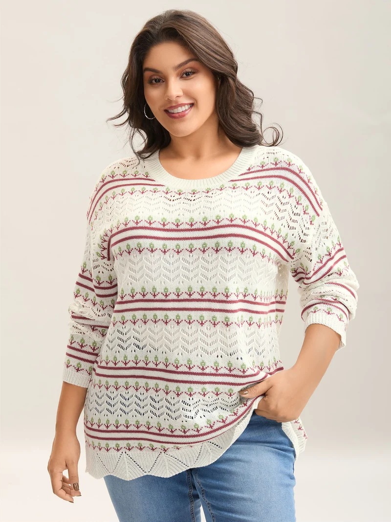 Jacquard Pattern Crew Neck Ribbed Pullover