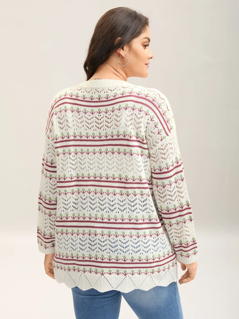 Jacquard Pattern Crew Neck Ribbed Pullover