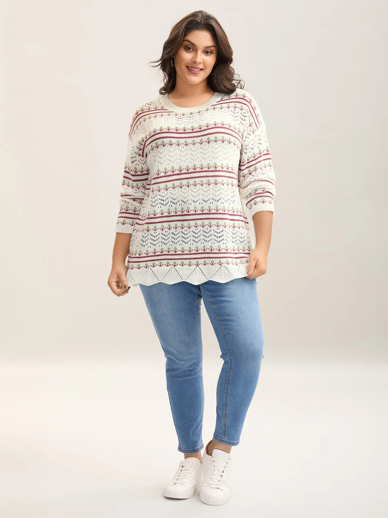 Jacquard Pattern Crew Neck Ribbed Pullover
