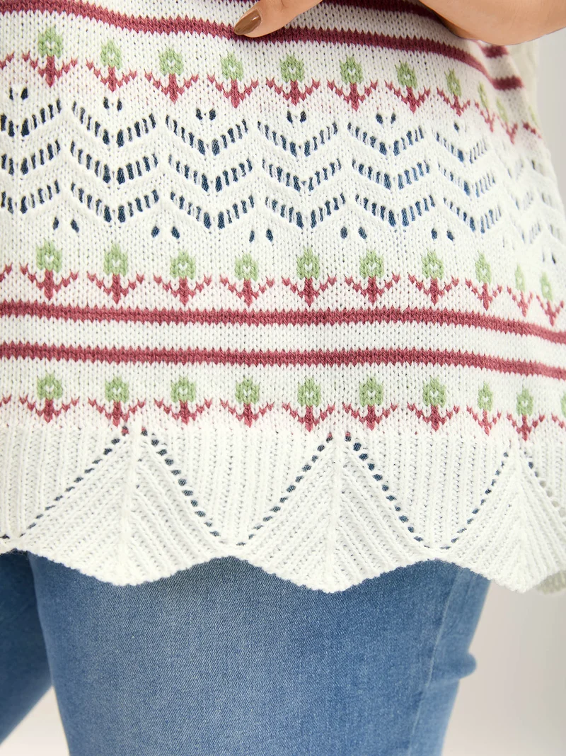 Jacquard Pattern Crew Neck Ribbed Pullover
