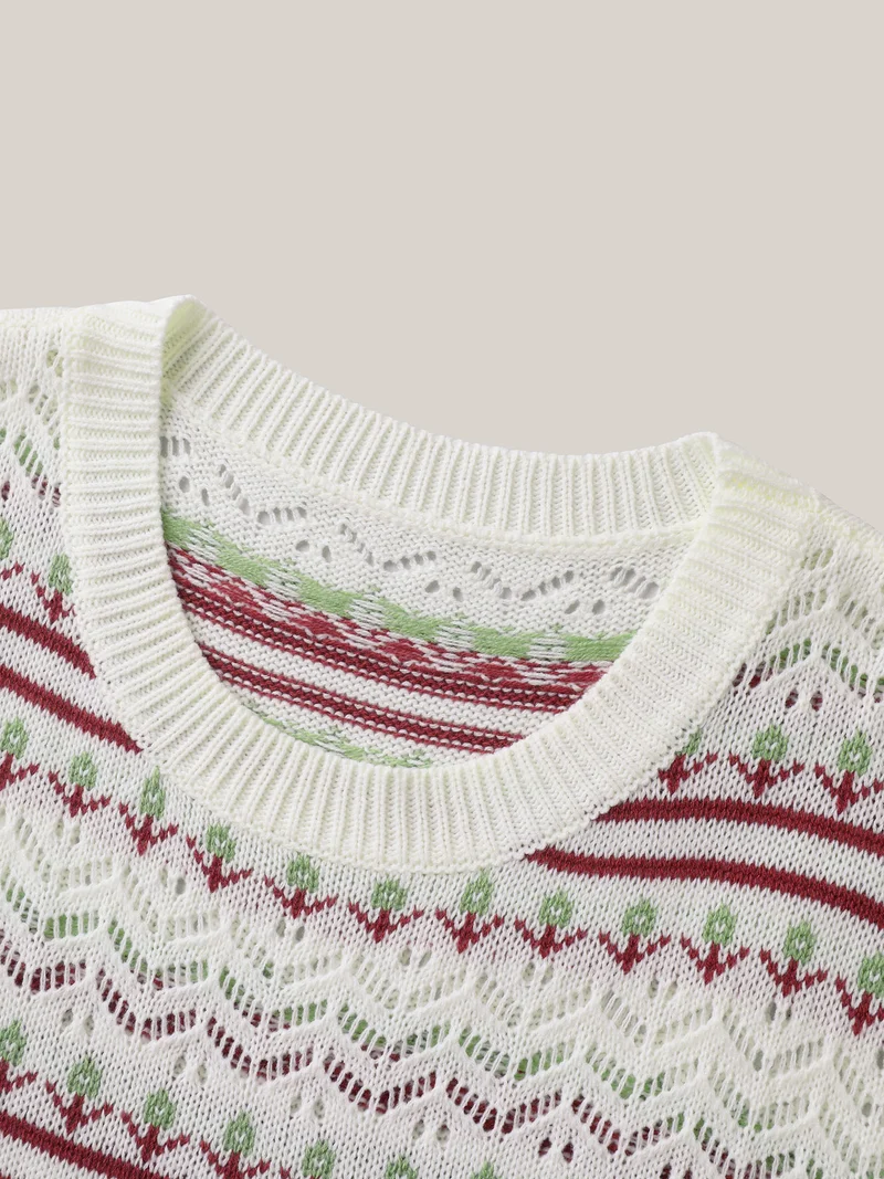 Jacquard Pattern Crew Neck Ribbed Pullover
