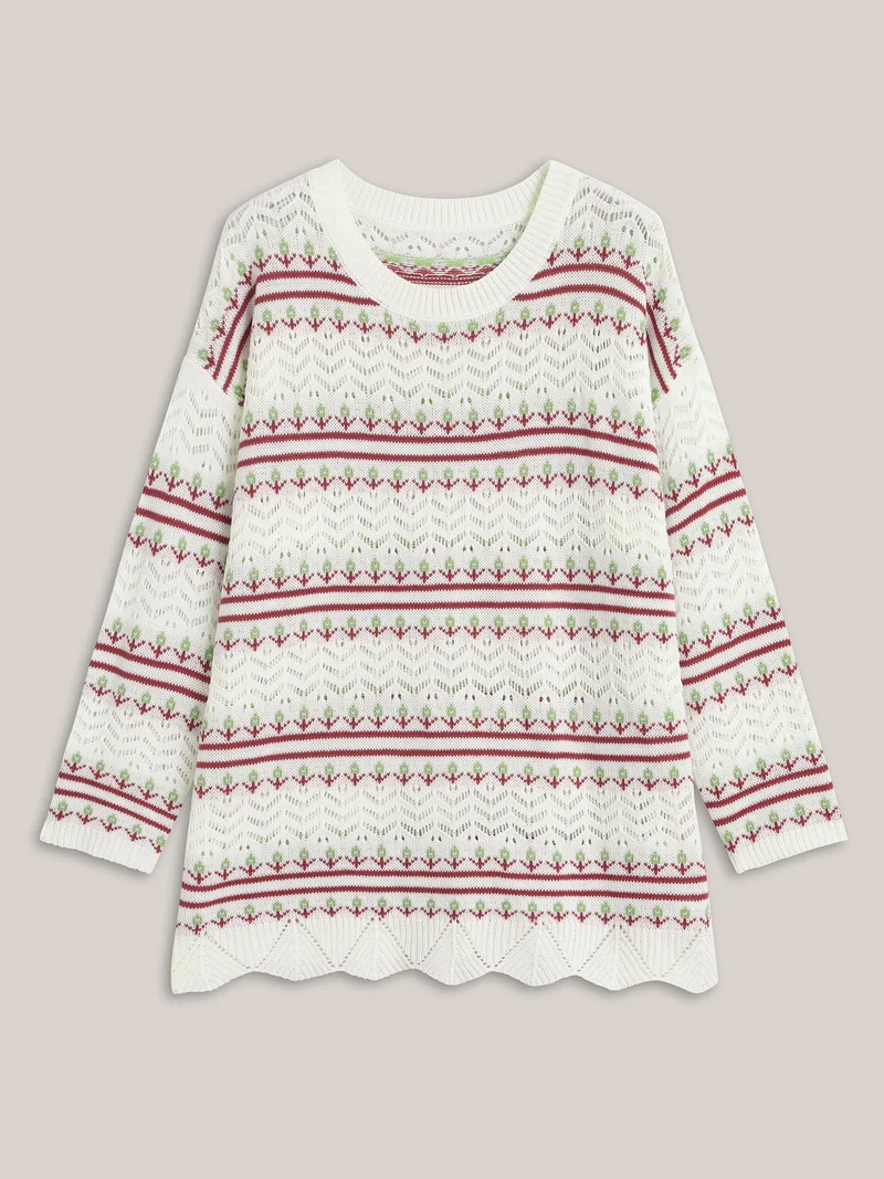 Jacquard Pattern Crew Neck Ribbed Pullover