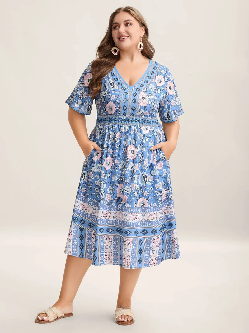 Boho Print Pockets V-Neck Midi Dress