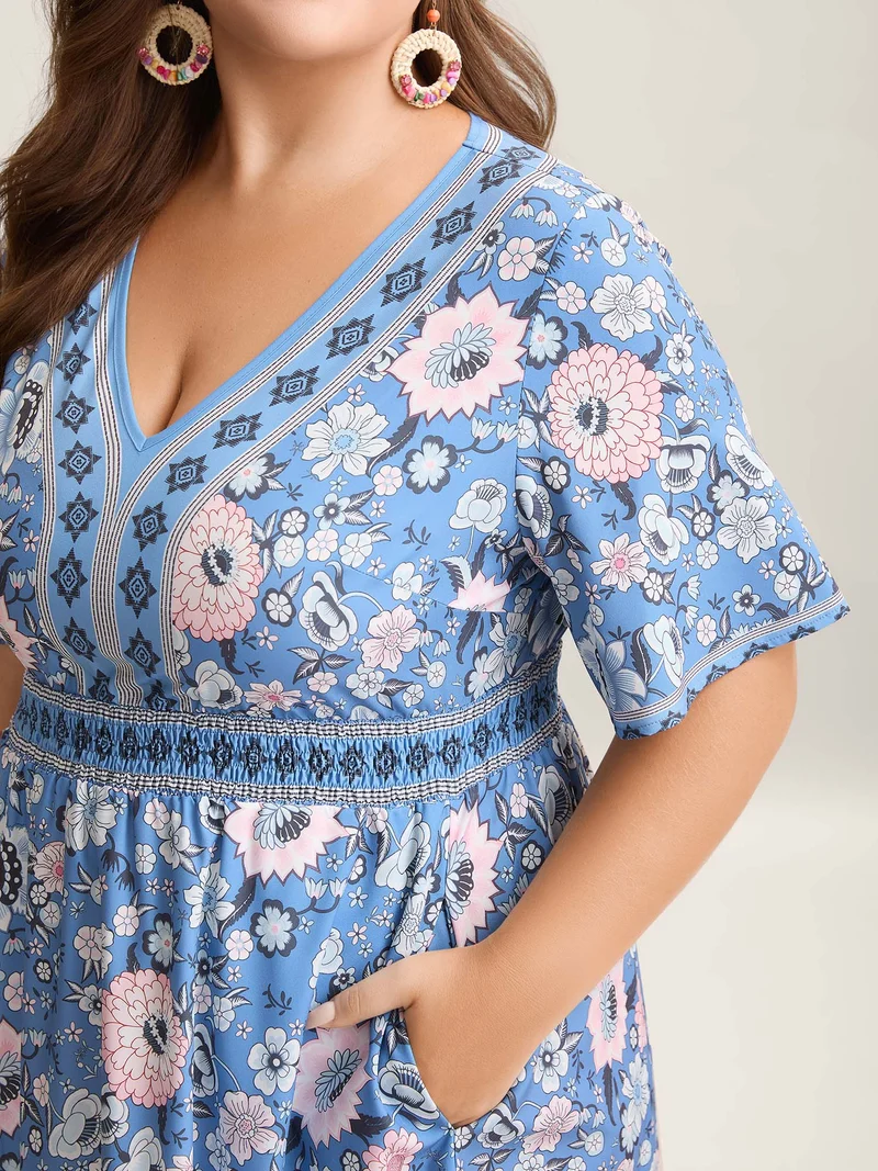 Boho Print Pockets V-Neck Midi Dress