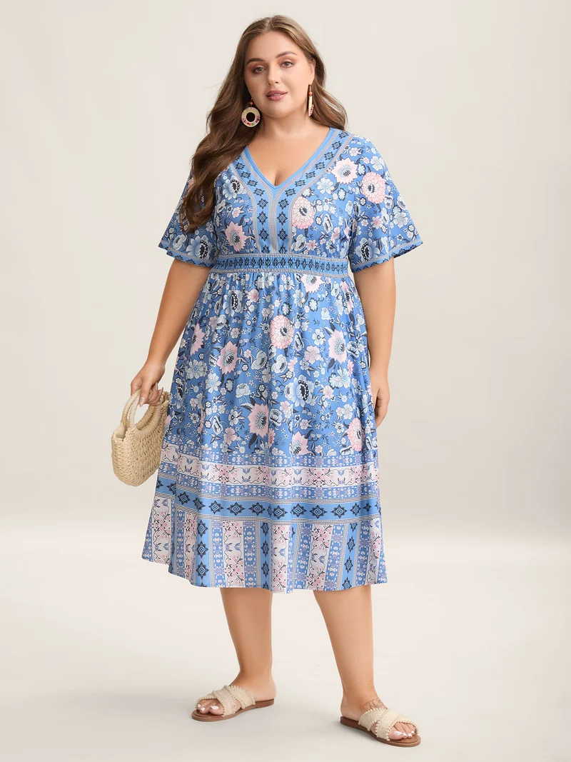 Boho Print Pockets V-Neck Midi Dress