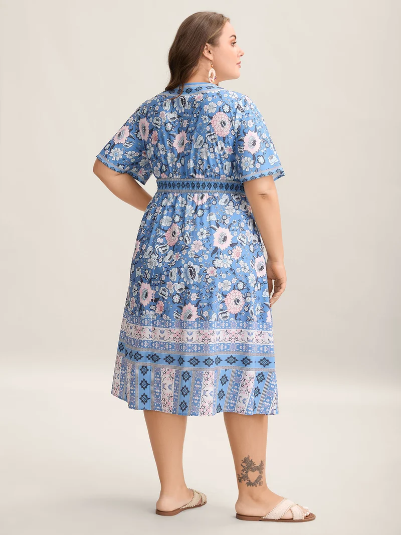Boho Print Pockets V-Neck Midi Dress