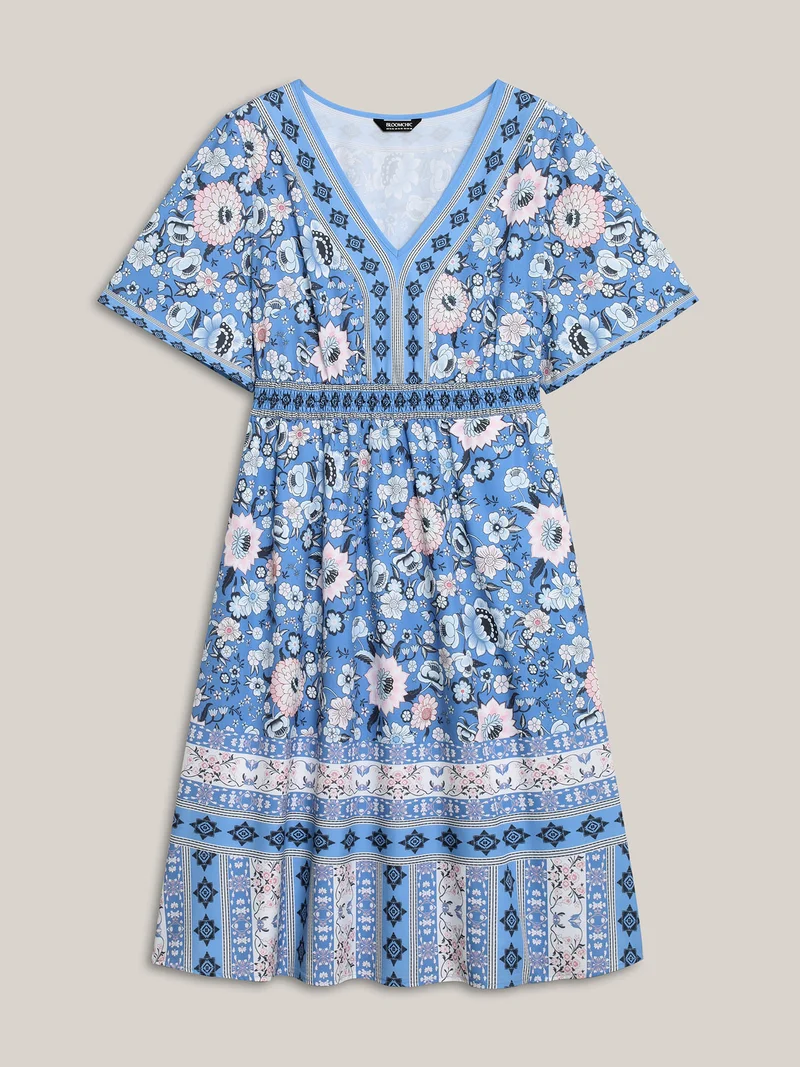 Boho Print Pockets V-Neck Midi Dress