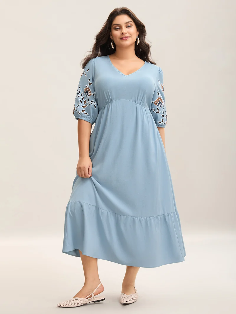 Cut-Out Embroidery Stretchy Waist Midi Dress