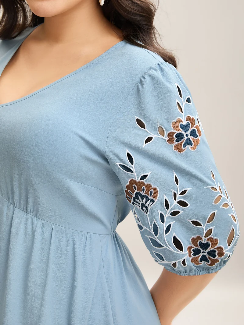 Cut-Out Embroidery Stretchy Waist Midi Dress