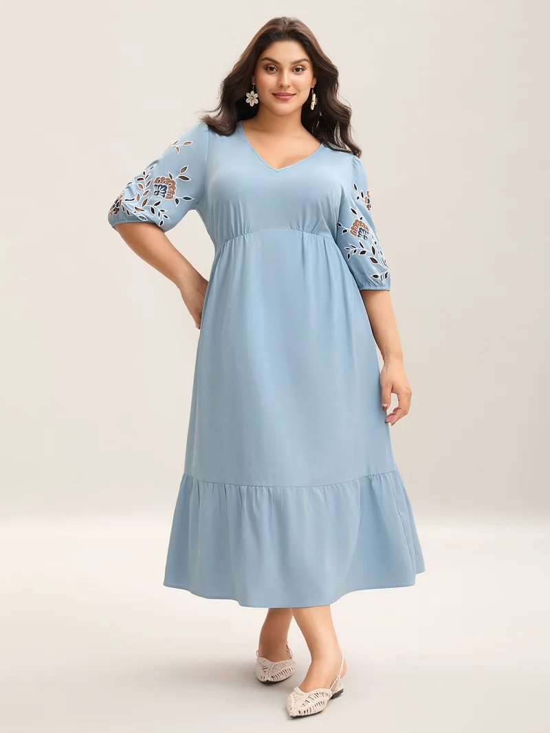 Cut-Out Embroidery Stretchy Waist Midi Dress