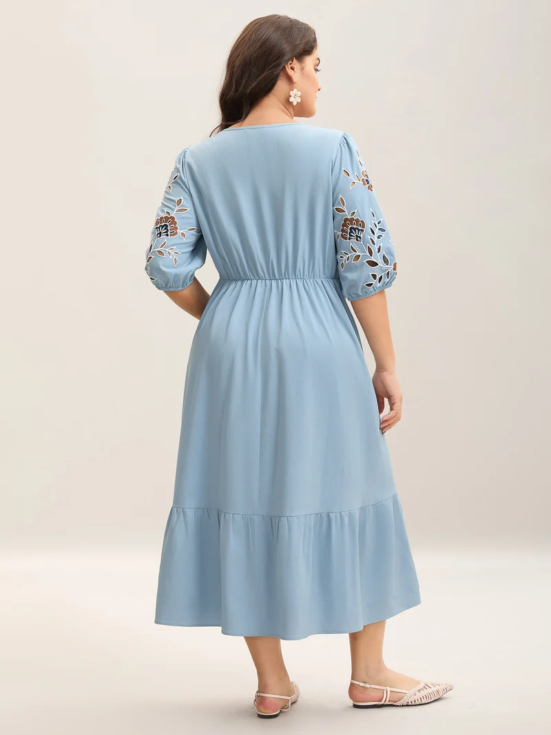 Cut-Out Embroidery Stretchy Waist Midi Dress