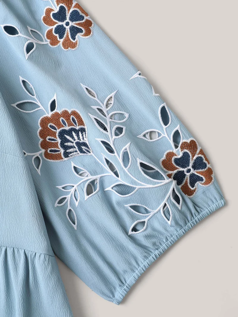 Cut-Out Embroidery Stretchy Waist Midi Dress