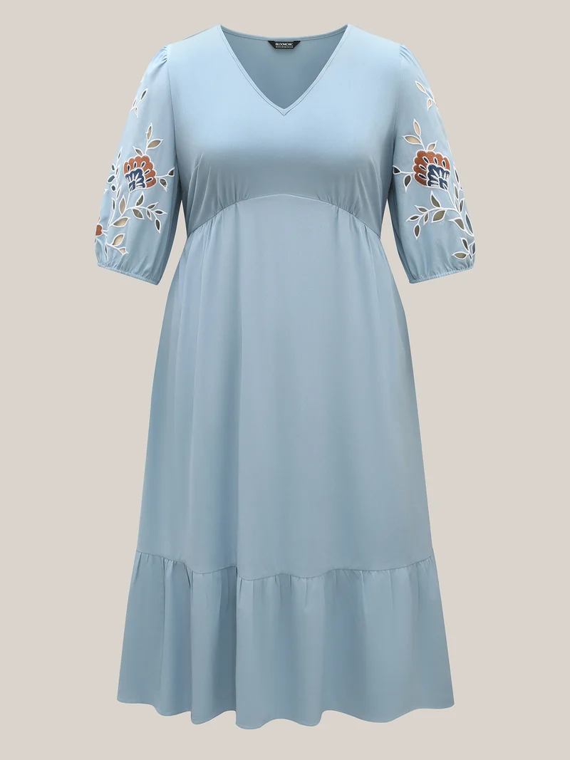 Cut-Out Embroidery Stretchy Waist Midi Dress