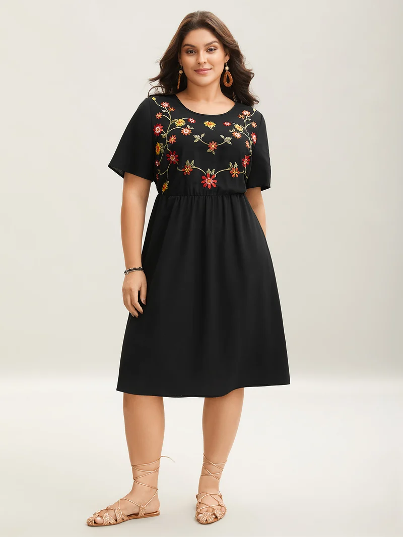 Floral Embroidered Waist-Cinched Midi Dress