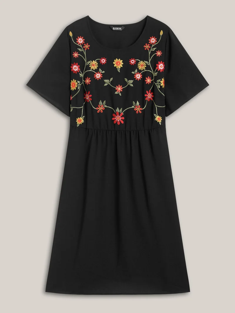 Floral Embroidered Waist-Cinched Midi Dress