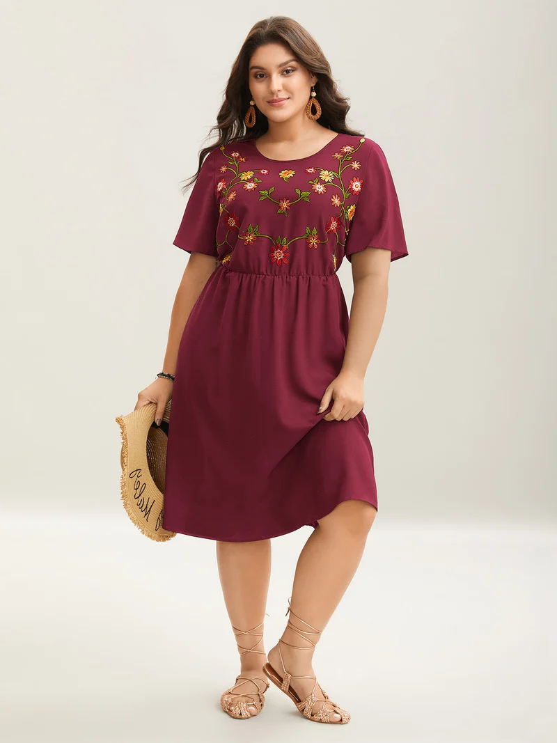 Floral Embroidered Waist-Cinched Midi Dress