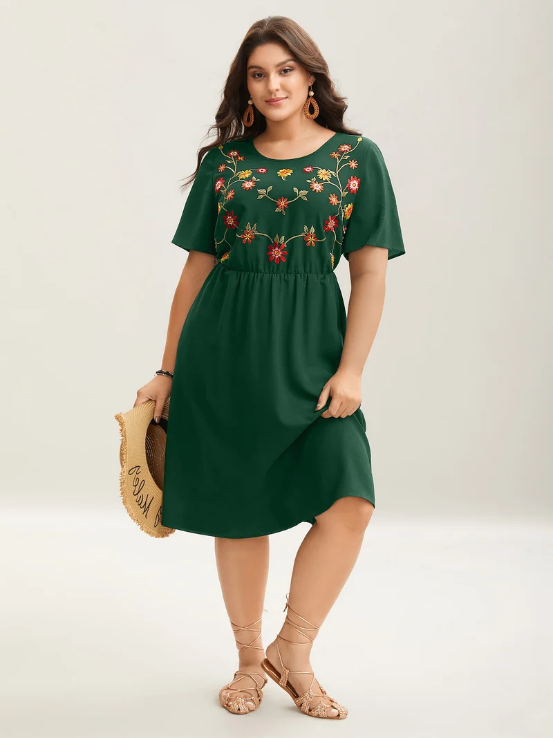 Floral Embroidered Waist-Cinched Midi Dress