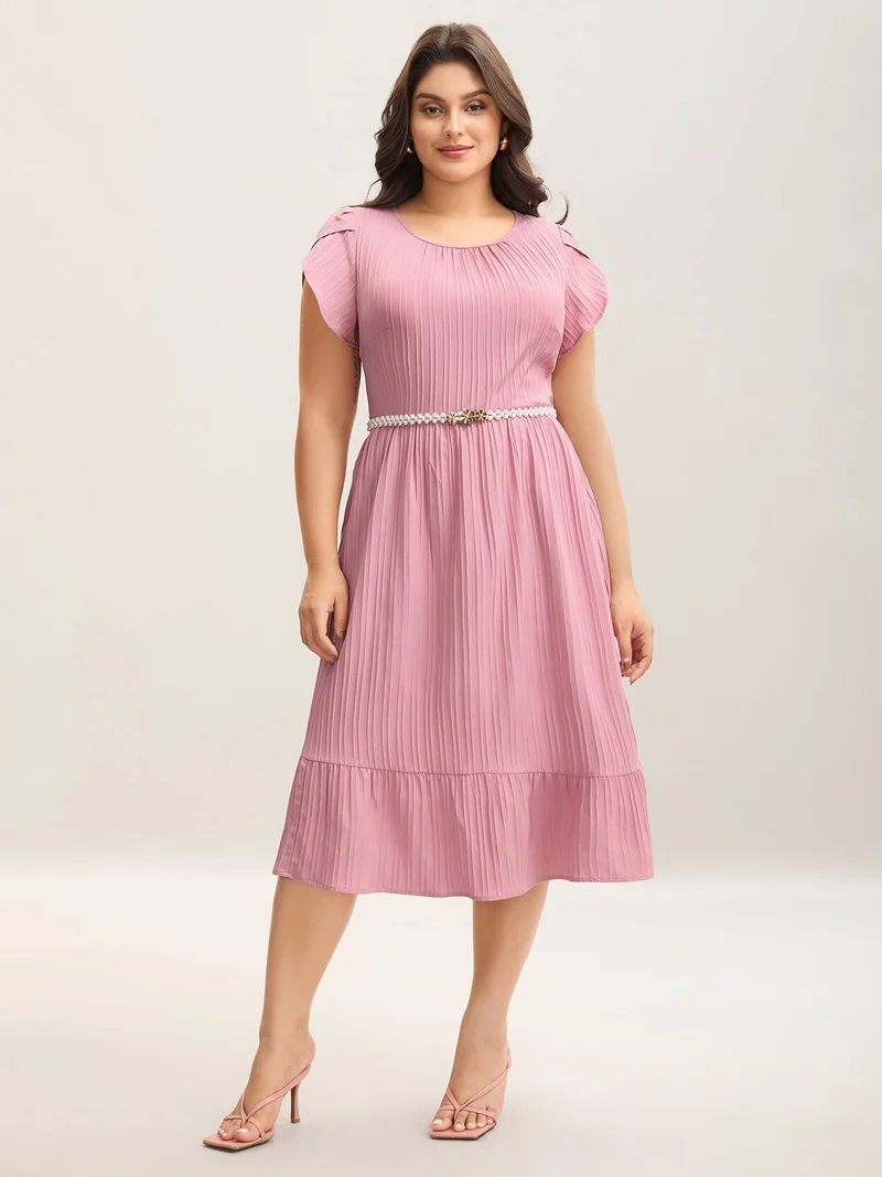 Textured Petal Sleeve Pockets Midi Dress