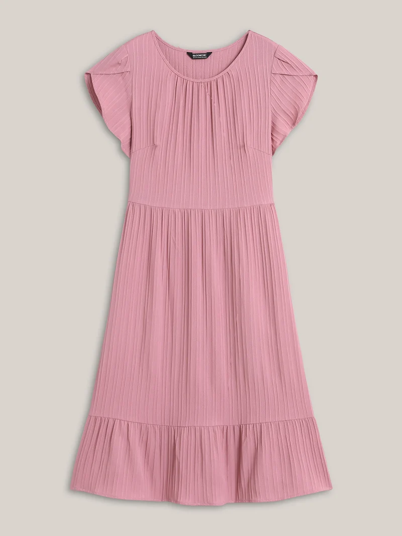 Textured Petal Sleeve Pockets Midi Dress