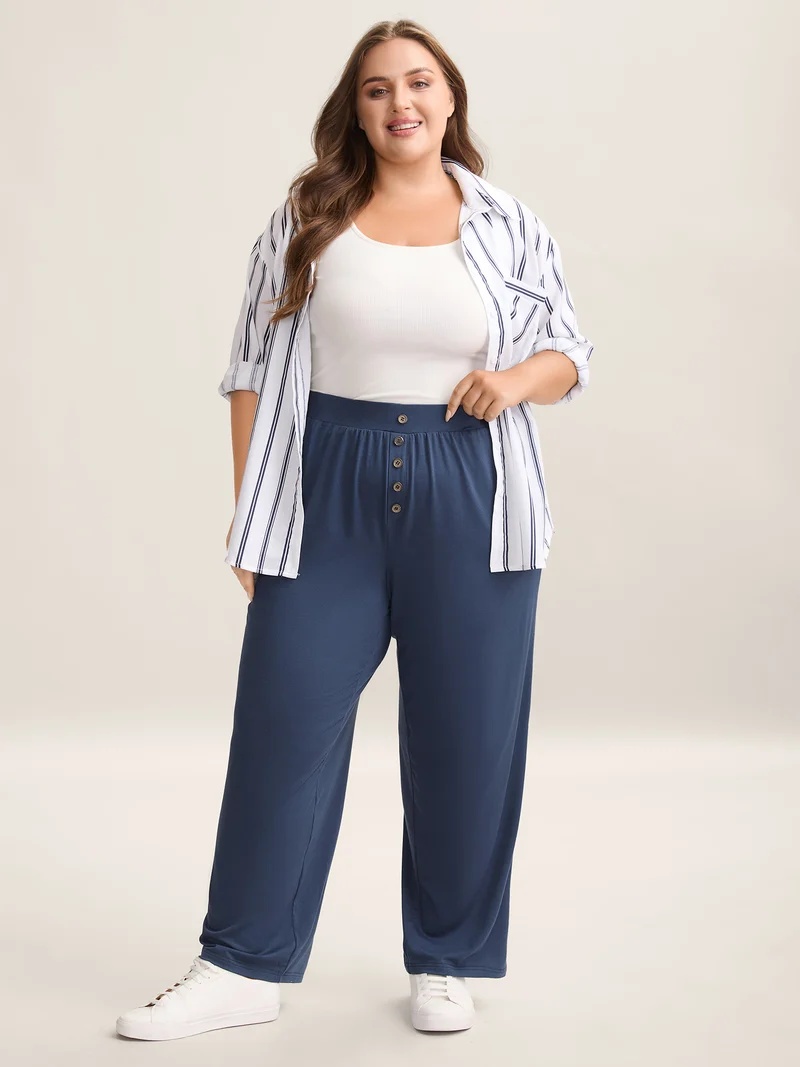 Button Front Pleated Comfy Fit Pants