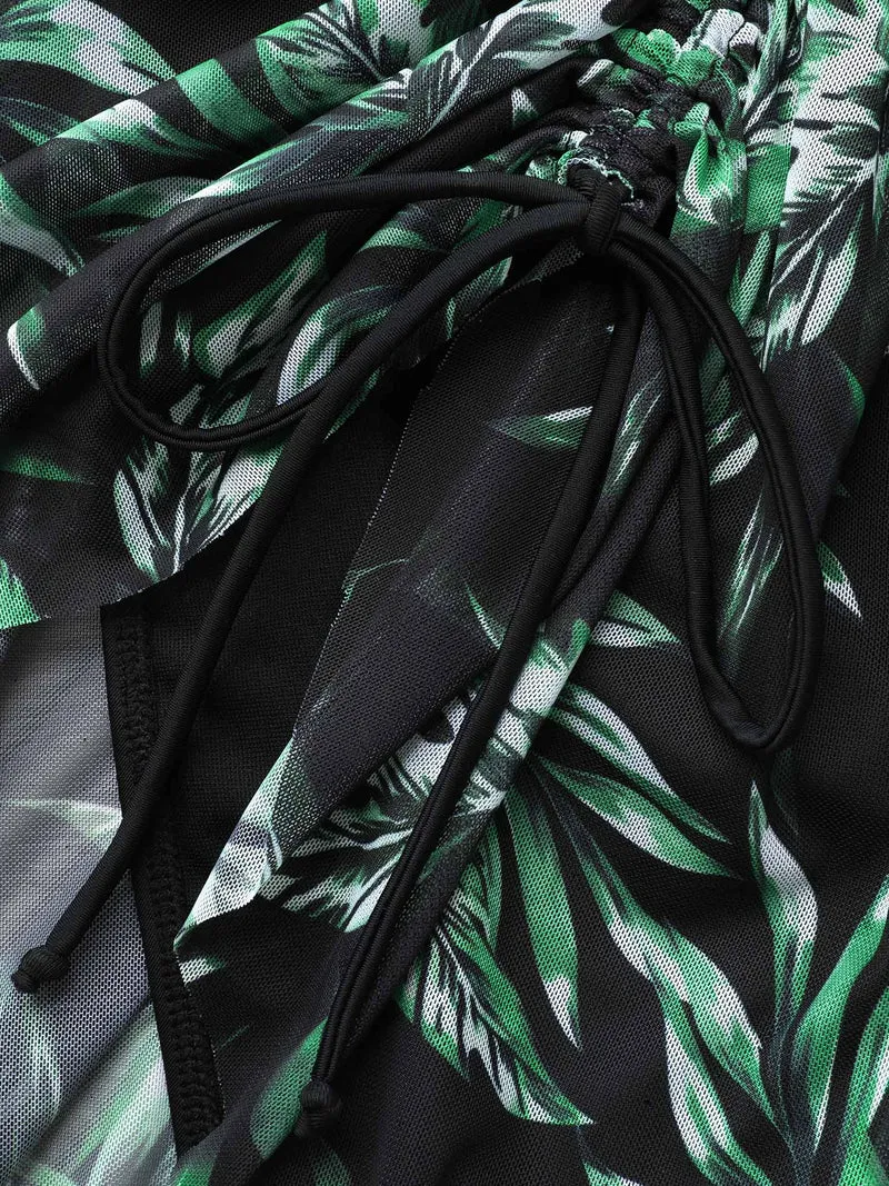 Tropical Print Sheer Tied Swim Bottoms