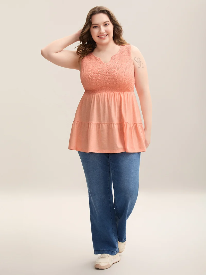 Shirred Bodice Spliced Tiered Sleeveless Top