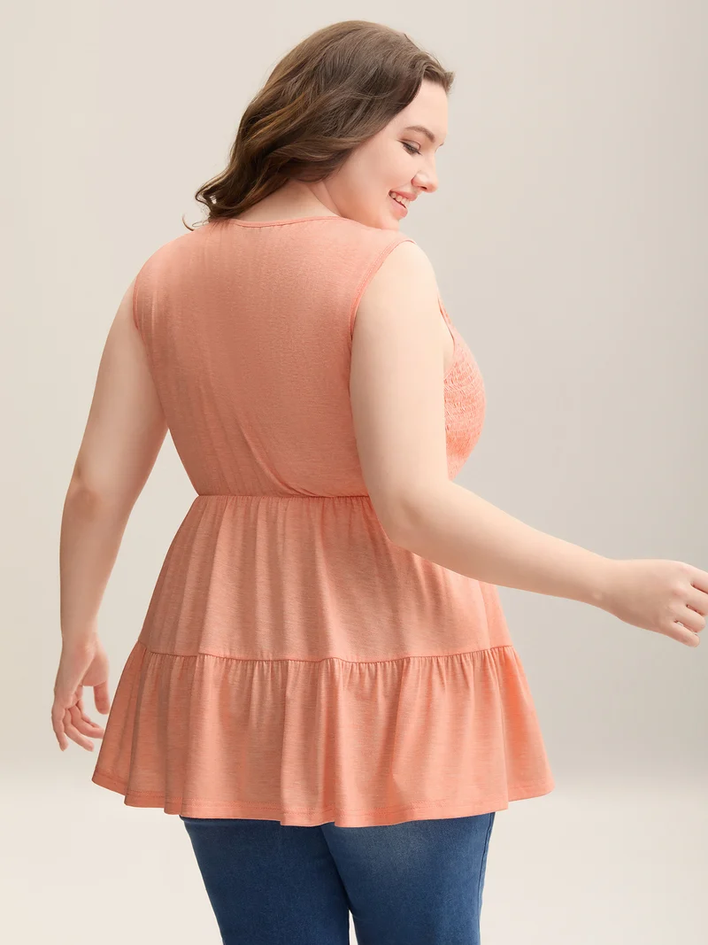 Shirred Bodice Spliced Tiered Sleeveless Top