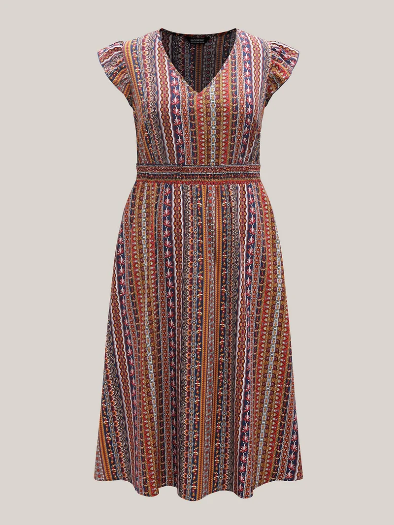 Sunny Stripes Pockets Shirred Midi Dress