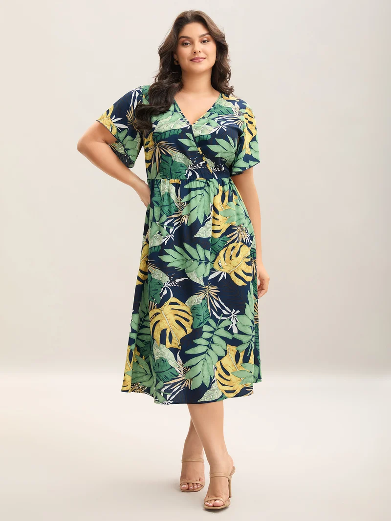 Breezy Tropical Print Pockets Midi Dress