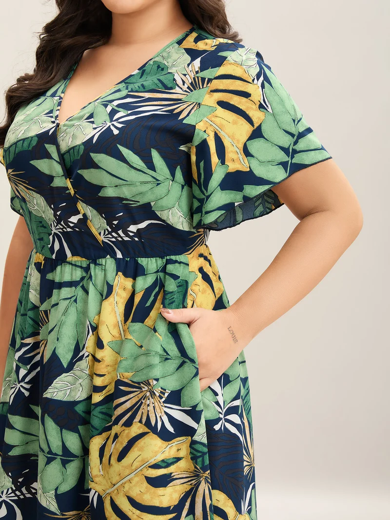 Breezy Tropical Print Pockets Midi Dress
