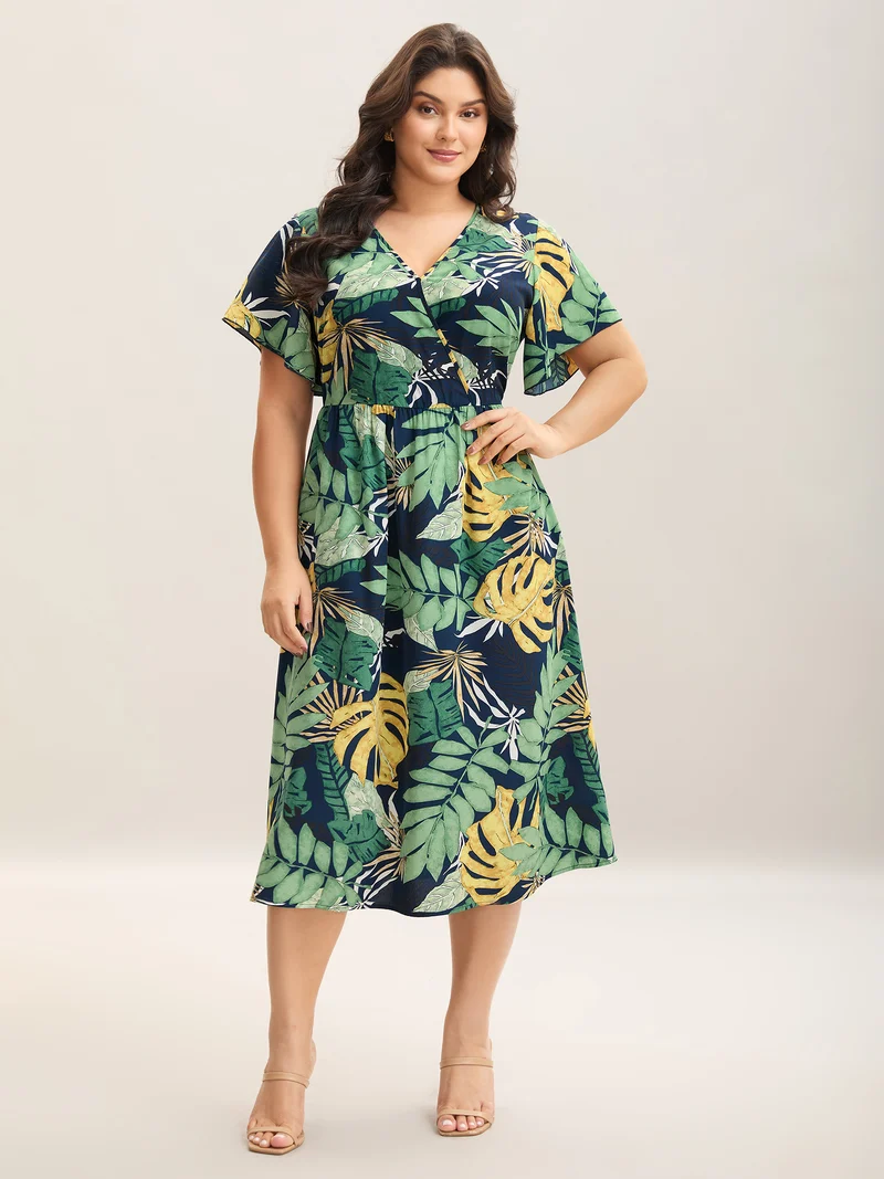 Breezy Tropical Print Pockets Midi Dress