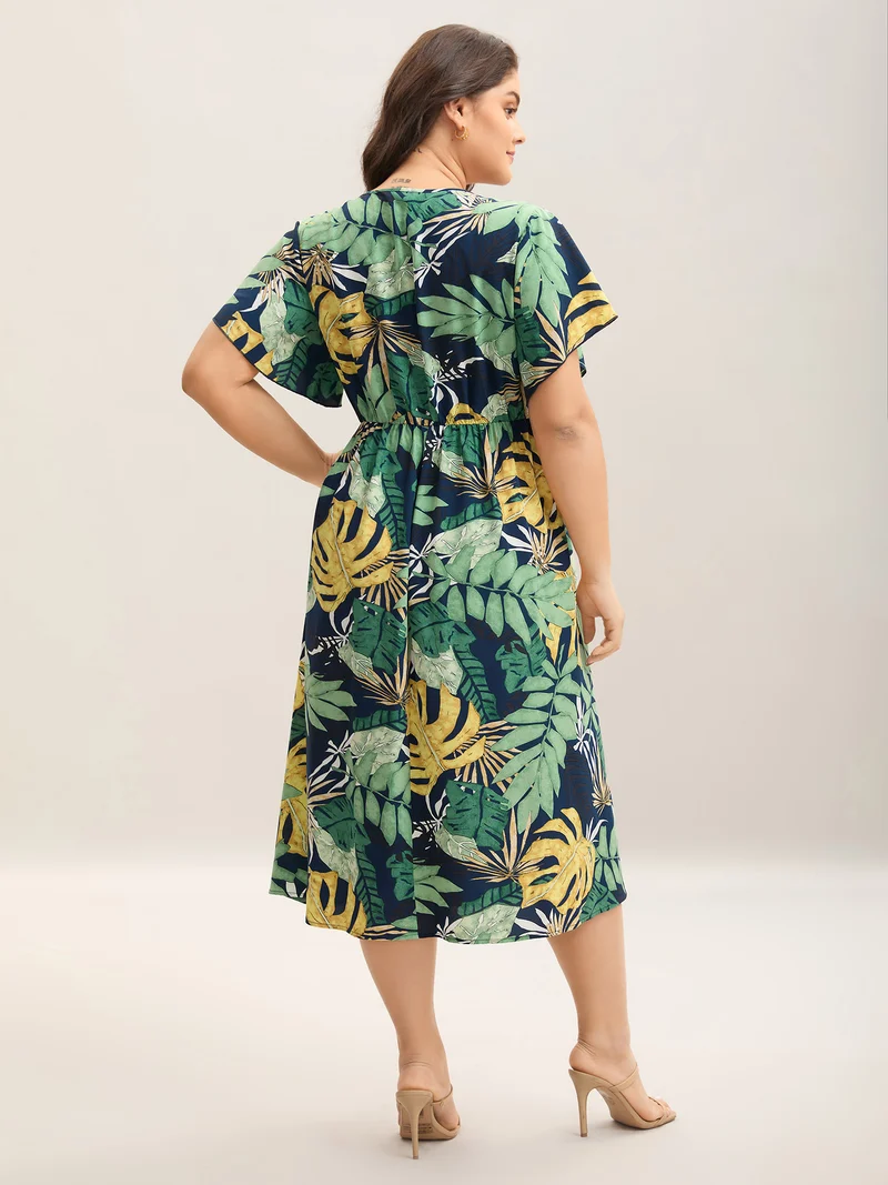 Breezy Tropical Print Pockets Midi Dress